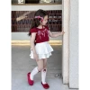 Girls' 2024 Summer New style Bow red cherry top cake skirt Set Short-sleeved T-shirt Pleated skirt pants details Picture